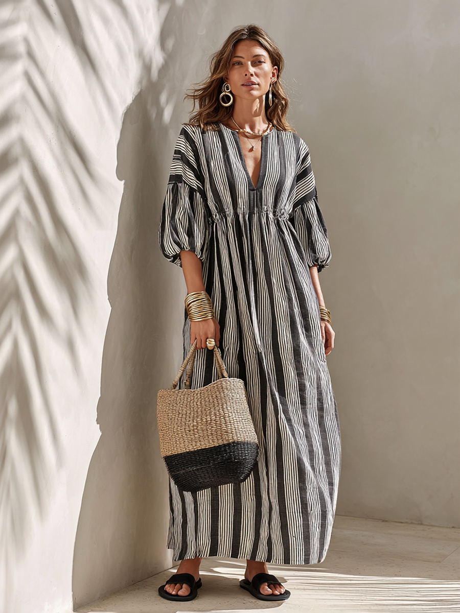 Black And White Striped Linen-Blend V-Neck Puff-Sleeve Maxi Dress MDZ1040F1ZRK