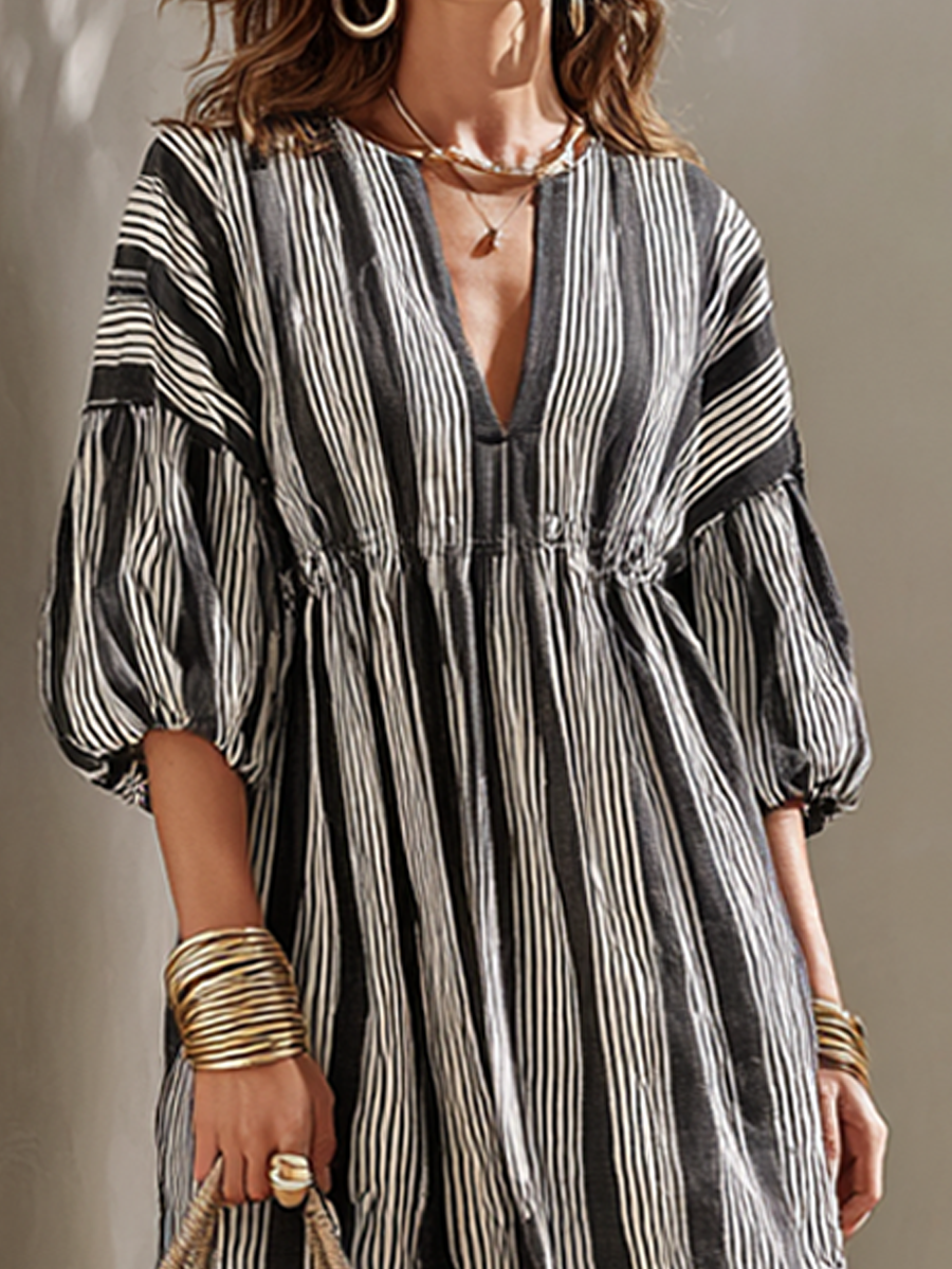 Black And White Striped Linen-Blend V-Neck Puff-Sleeve Maxi Dress MDZ1040F1ZRK