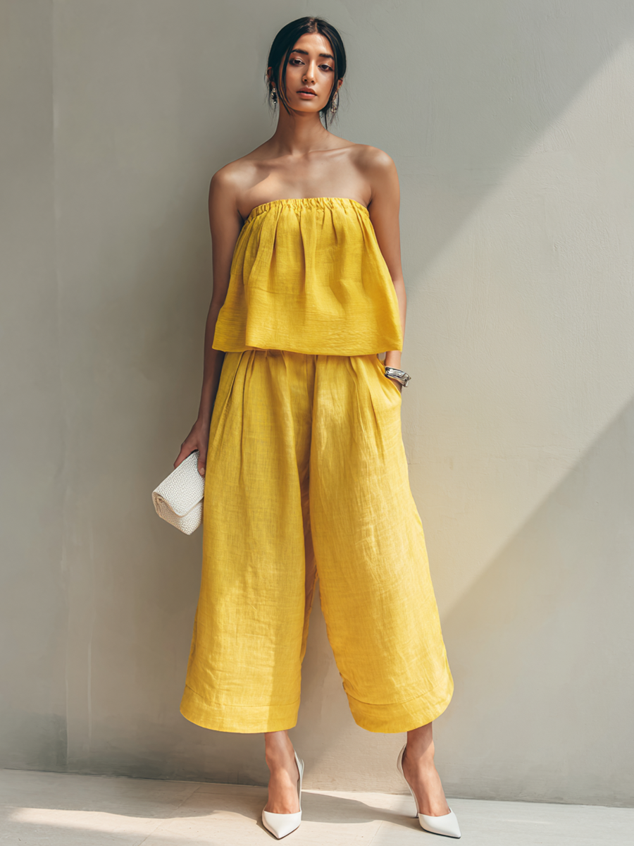 Women's Bright Yellow Linen Strapless Relaxed-Fit Top & Wide-Leg Cropped Pants Set MDZ1055F6ZRK