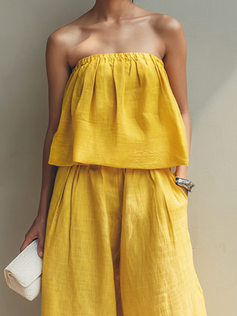 Women's Bright Yellow Linen Strapless Relaxed-Fit Top & Wide-Leg Cropped Pants Set MDZ1055F6ZRK