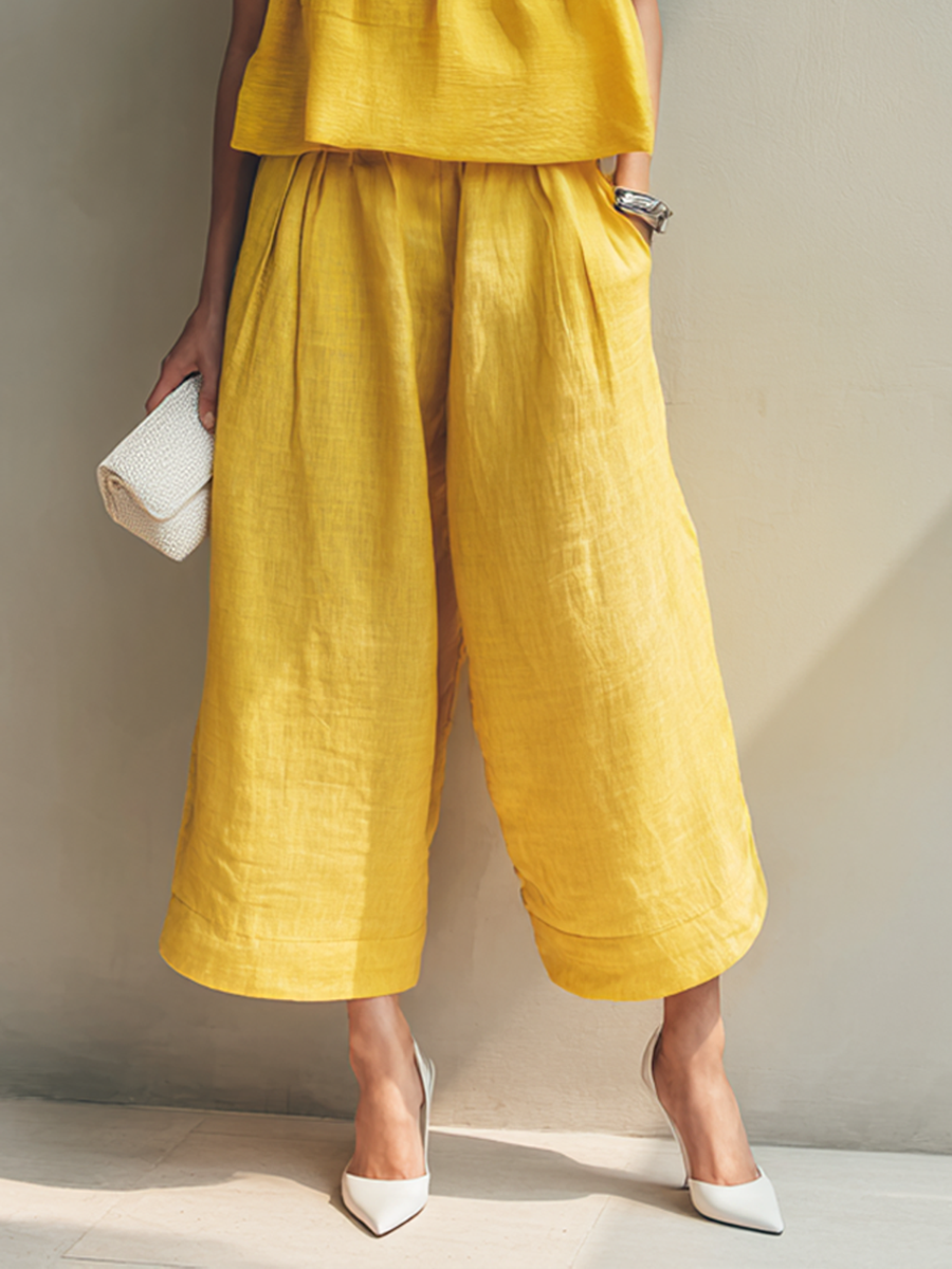 Women's Bright Yellow Linen Strapless Relaxed-Fit Top & Wide-Leg Cropped Pants Set MDZ1055F6ZRK