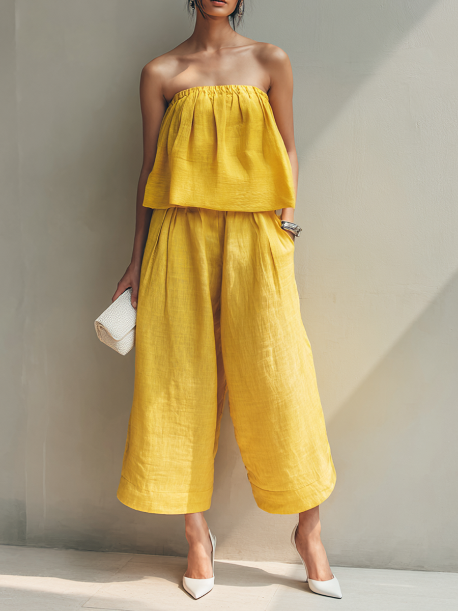 Women's Bright Yellow Linen Strapless Relaxed-Fit Top & Wide-Leg Cropped Pants Set MDZ1055F6ZRK