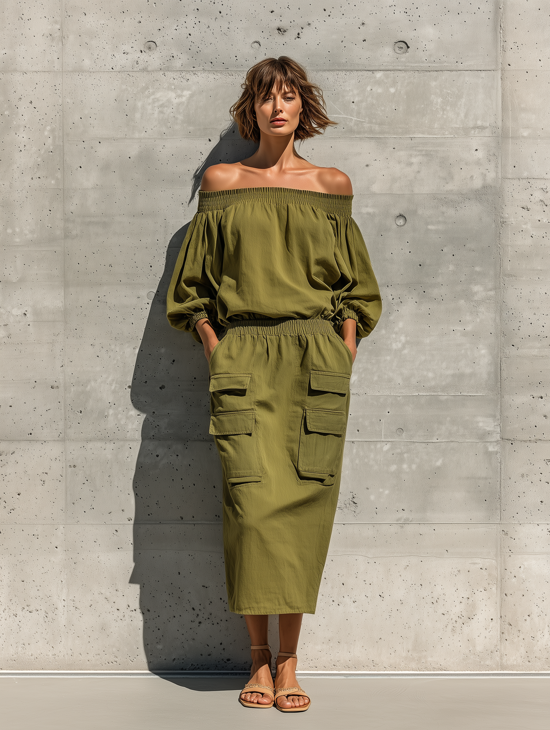 Women's Olive Green Off-Shoulder Dress with Elastic Waist and Utility Pockets MDZ1059F1T