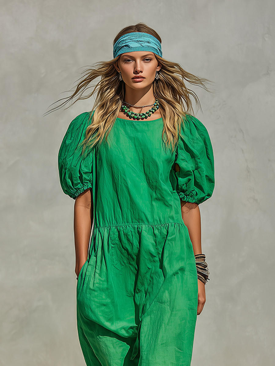 Women's Green Linen-Blend Jumpsuit With Puff Short Sleeves & Elastic Waist, Minimalist Casual Vacation Jumpsuit MDZ1095F2LYL