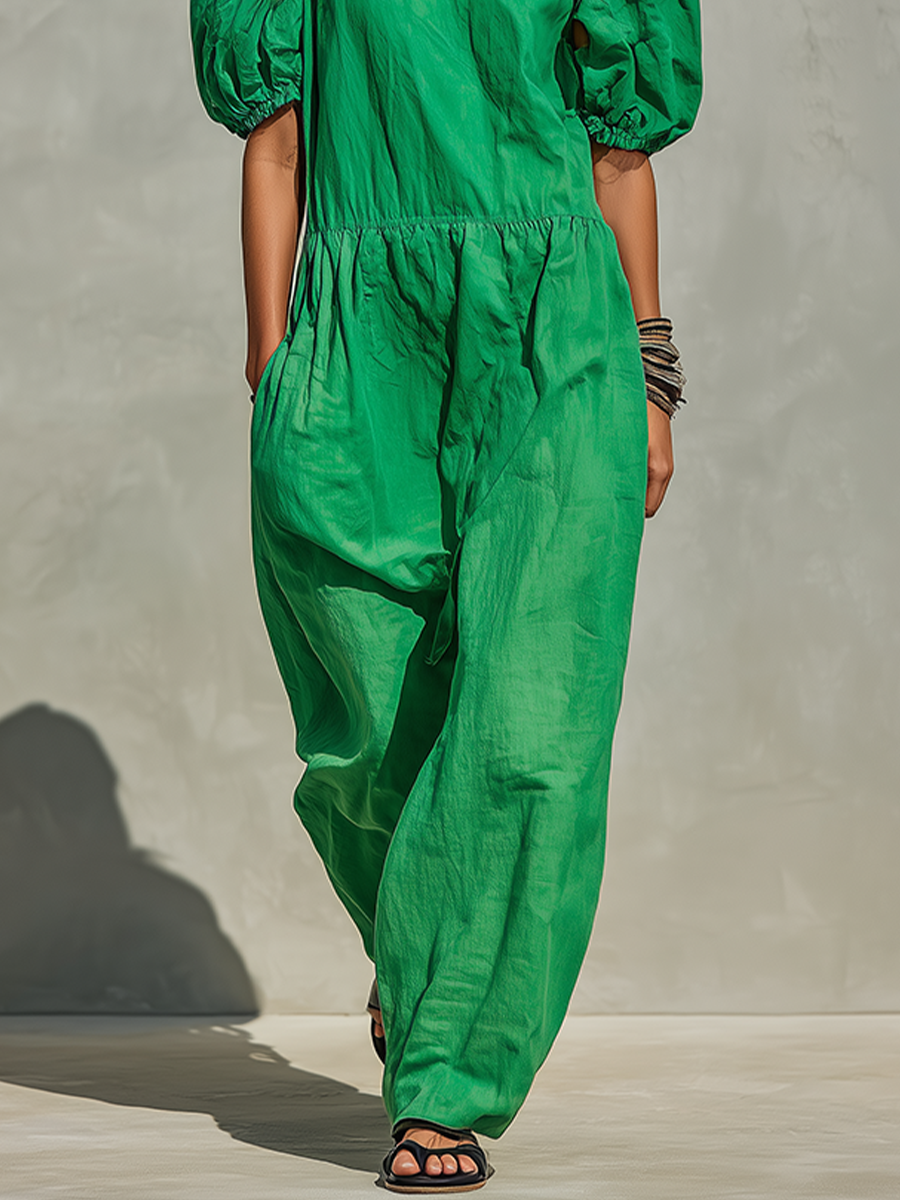 Women's Green Linen-Blend Jumpsuit With Puff Short Sleeves & Elastic Waist, Minimalist Casual Vacation Jumpsuit MDZ1095F2LYL