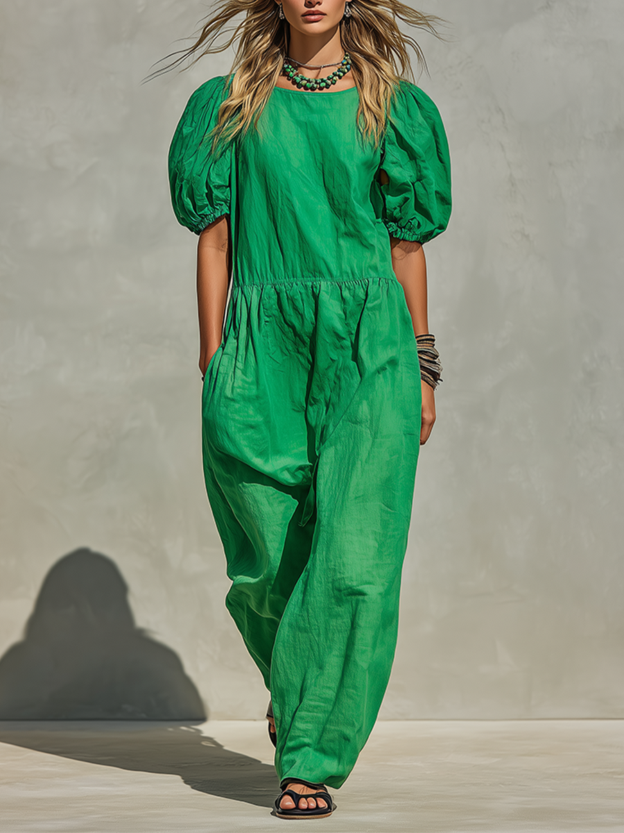 Women's Green Linen-Blend Jumpsuit With Puff Short Sleeves & Elastic Waist, Minimalist Casual Vacation Jumpsuit MDZ1095F2LYL