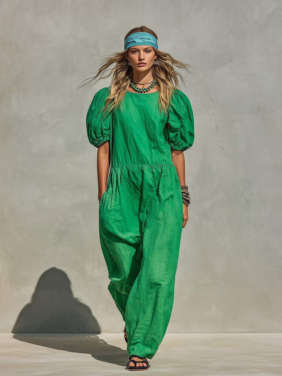 Women's Green Linen-Blend Jumpsuit With Puff Short Sleeves & Elastic Waist, Minimalist Casual Vacation Jumpsuit MDZ1095F2LYL