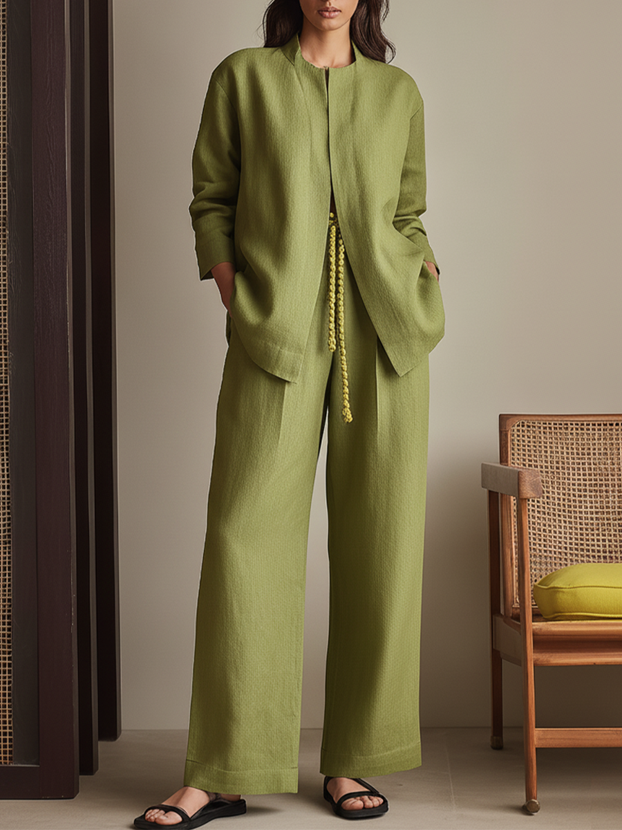 Women's Olive Green Linen-Blend Two-Piece Set With Open Front Stand Collar Jacket & Drawstring Waist Wide Leg Pants, Minimalist Casual Loungewear Outfit (without Belt) MDZ1084F3LYL