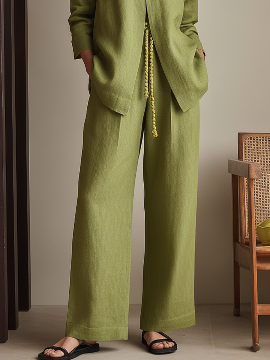 Women's Olive Green Linen-Blend Two-Piece Set With Open Front Stand Collar Jacket & Drawstring Waist Wide Leg Pants, Minimalist Casual Loungewear Outfit (without Belt) MDZ1084F3LYL