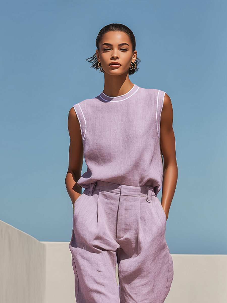 Women's Lavender Linen-Blend Two-Piece Set With Contrast Trim Sleeveless Top & High Waist Shorts, Minimalist Casual Resort Outfit MDZ1084F1LYL
