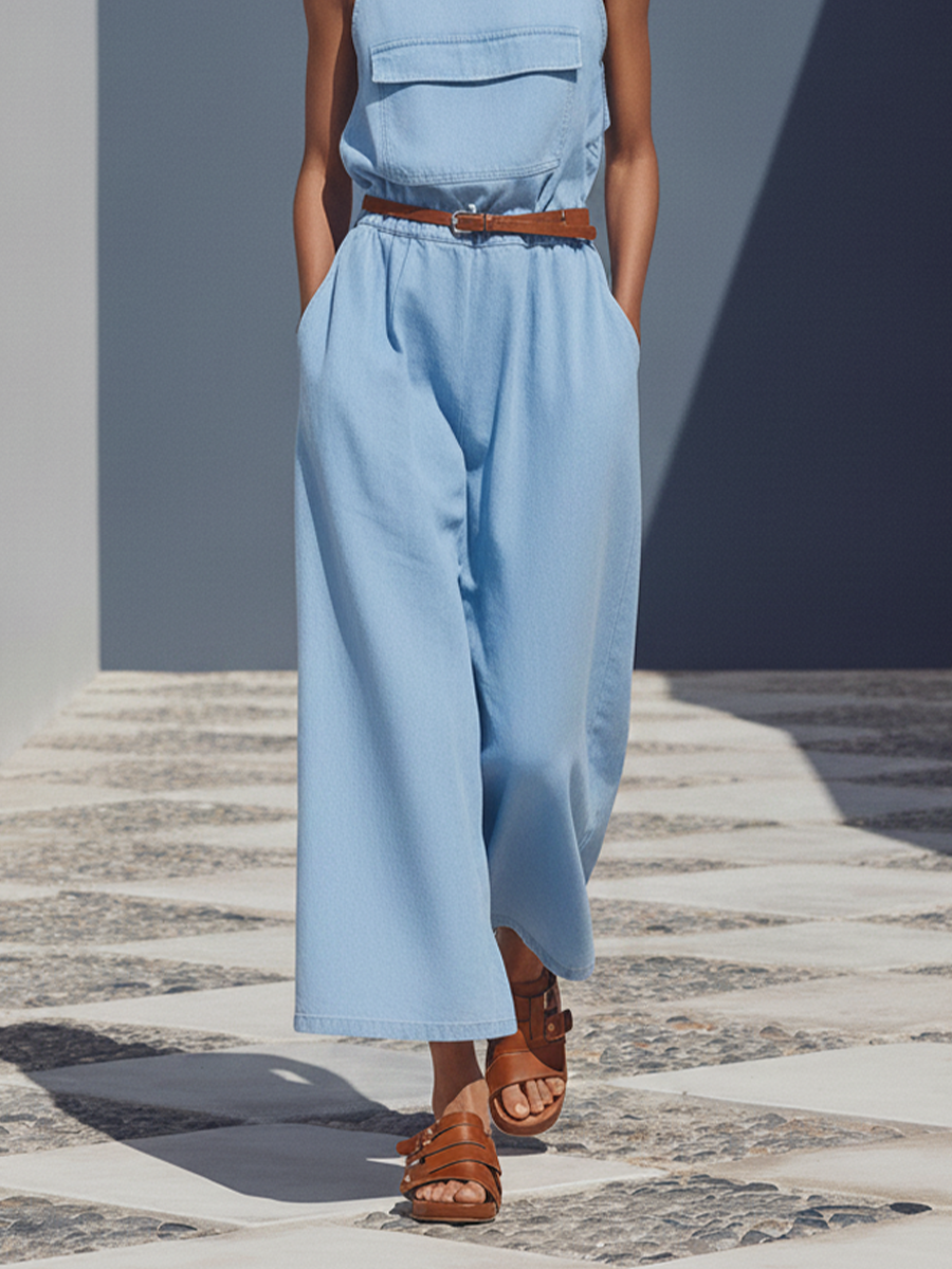 Women's Light Blue Cotton-Blend Jumpsuit With Square Neck,  Chest Pocket & Elastic Waist, Casual Minimalist Summer Jumpsuit (without Belt) MDZ1074F3LYL