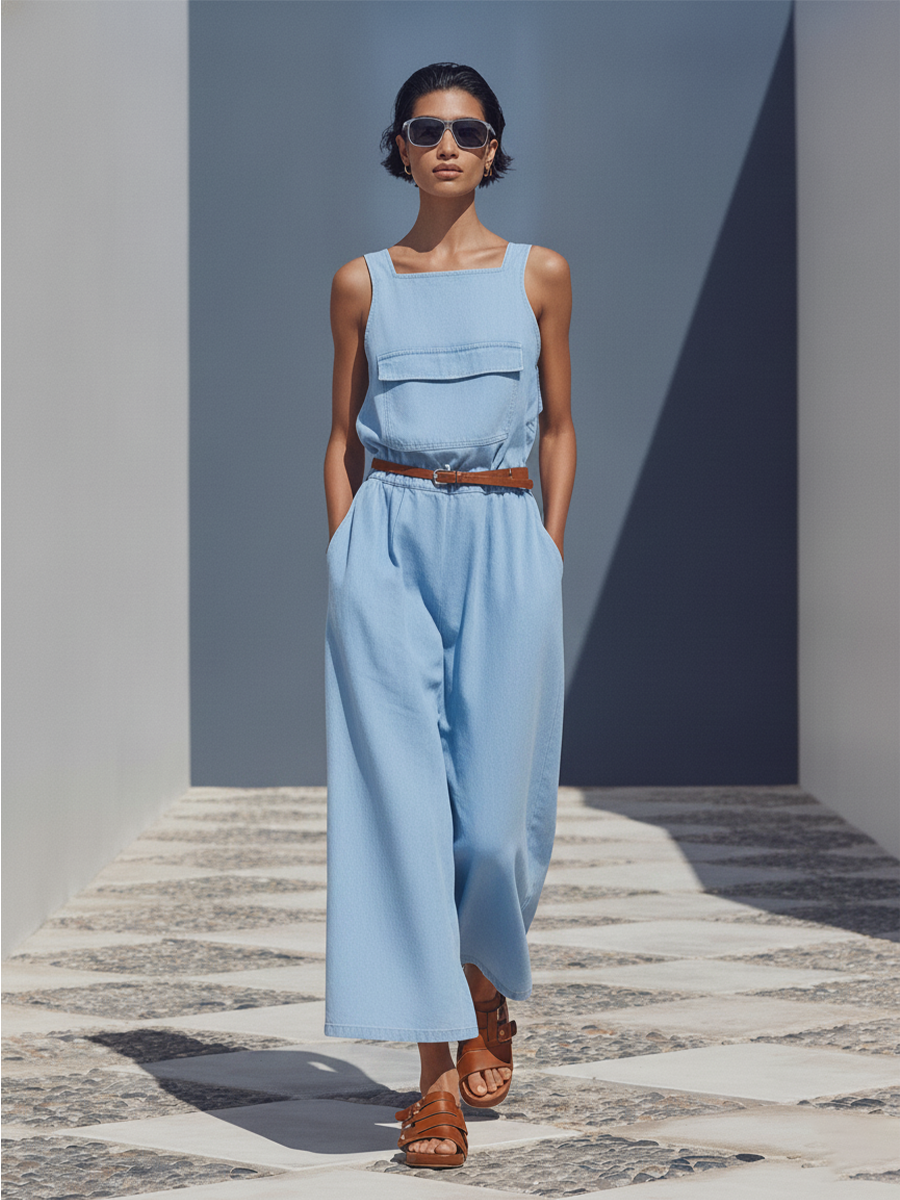 Women's Light Blue Cotton-Blend Jumpsuit With Square Neck,  Chest Pocket & Elastic Waist, Casual Minimalist Summer Jumpsuit (without Belt) MDZ1074F3LYL