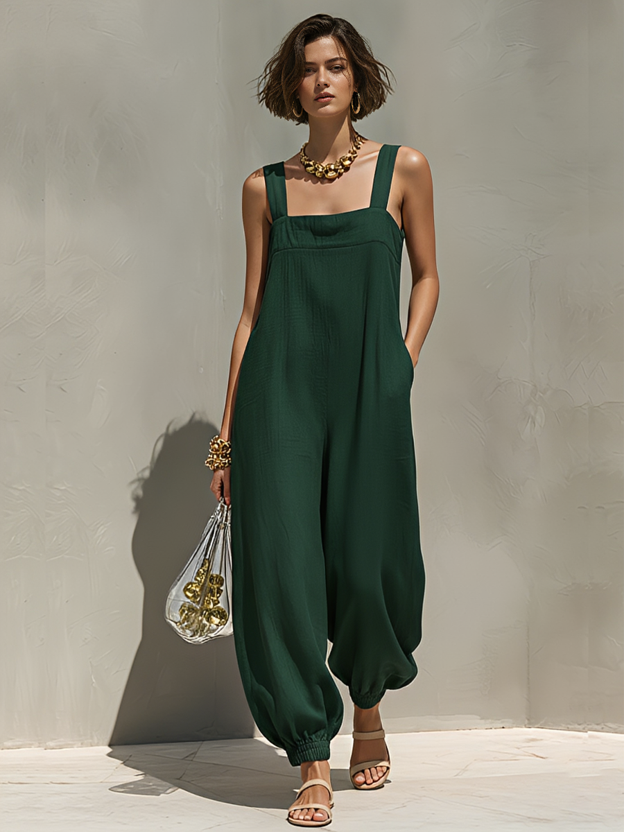 Women's Dark Green Linen-Blend Jumpsuit With Square Neck, Wide Straps , Loose Balloon Fit & Elasticated Cuffs, Casual Minimalist Summer Jumpsuit MDZ1024F9LYL