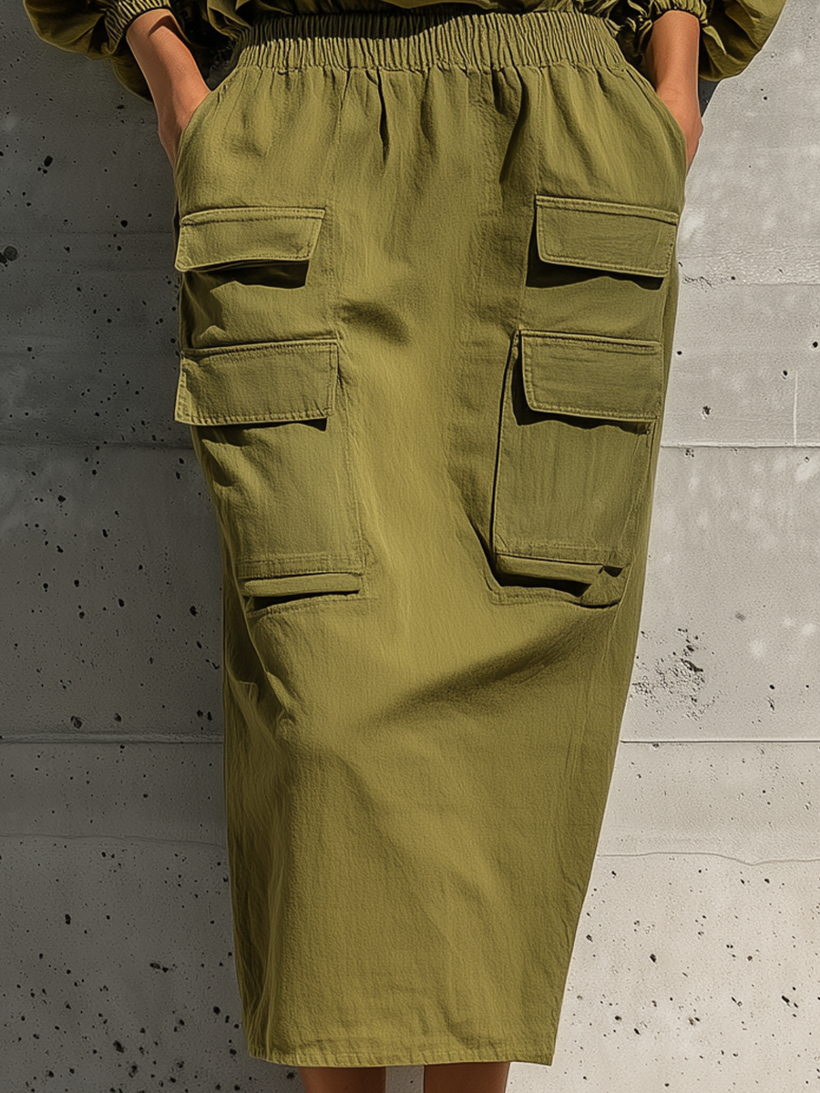 Women's Olive Green Off-Shoulder Dress with Elastic Waist and Utility Pockets MDZ1059F1T