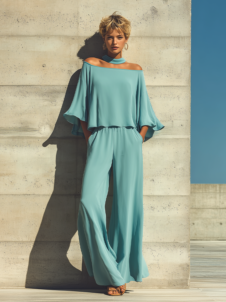 Women’s Turquoise Off-the-Shoulder Flared Sleeve Overlay Top & Elastic Waist Wide Leg Pants Two-Piece Set MDZ1011F3T