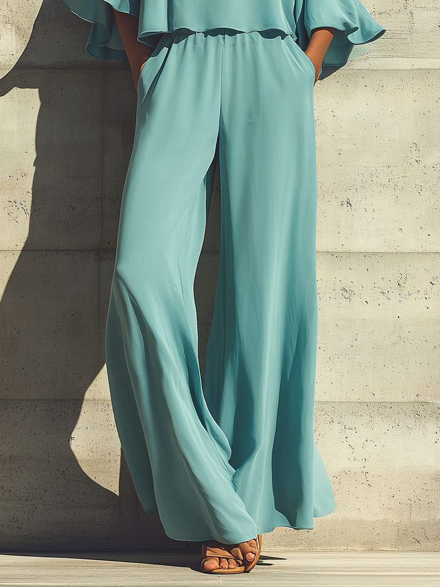Women’s Turquoise Off-the-Shoulder Flared Sleeve Overlay Top & Elastic Waist Wide Leg Pants Two-Piece Set MDZ1011F3T