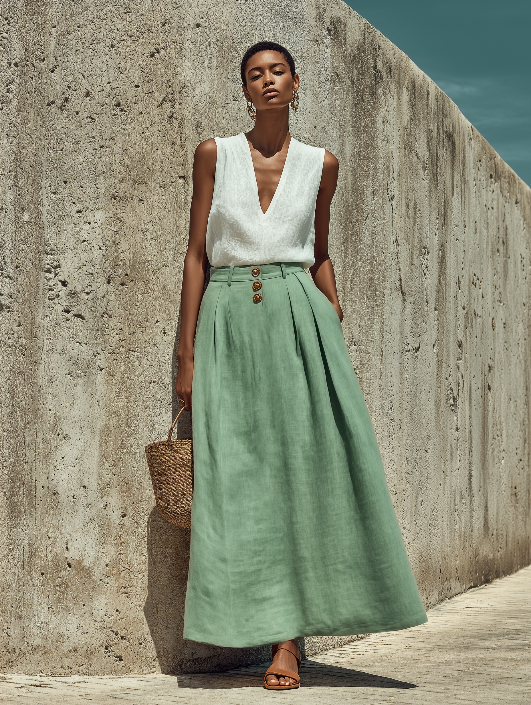 Women’s White Linen Sleeveless Deep V-Neck Blouse & Sage Green High Waist Pleated Maxi Skirt With Gold Buttons Two-Piece Set MDZ1079F2T
