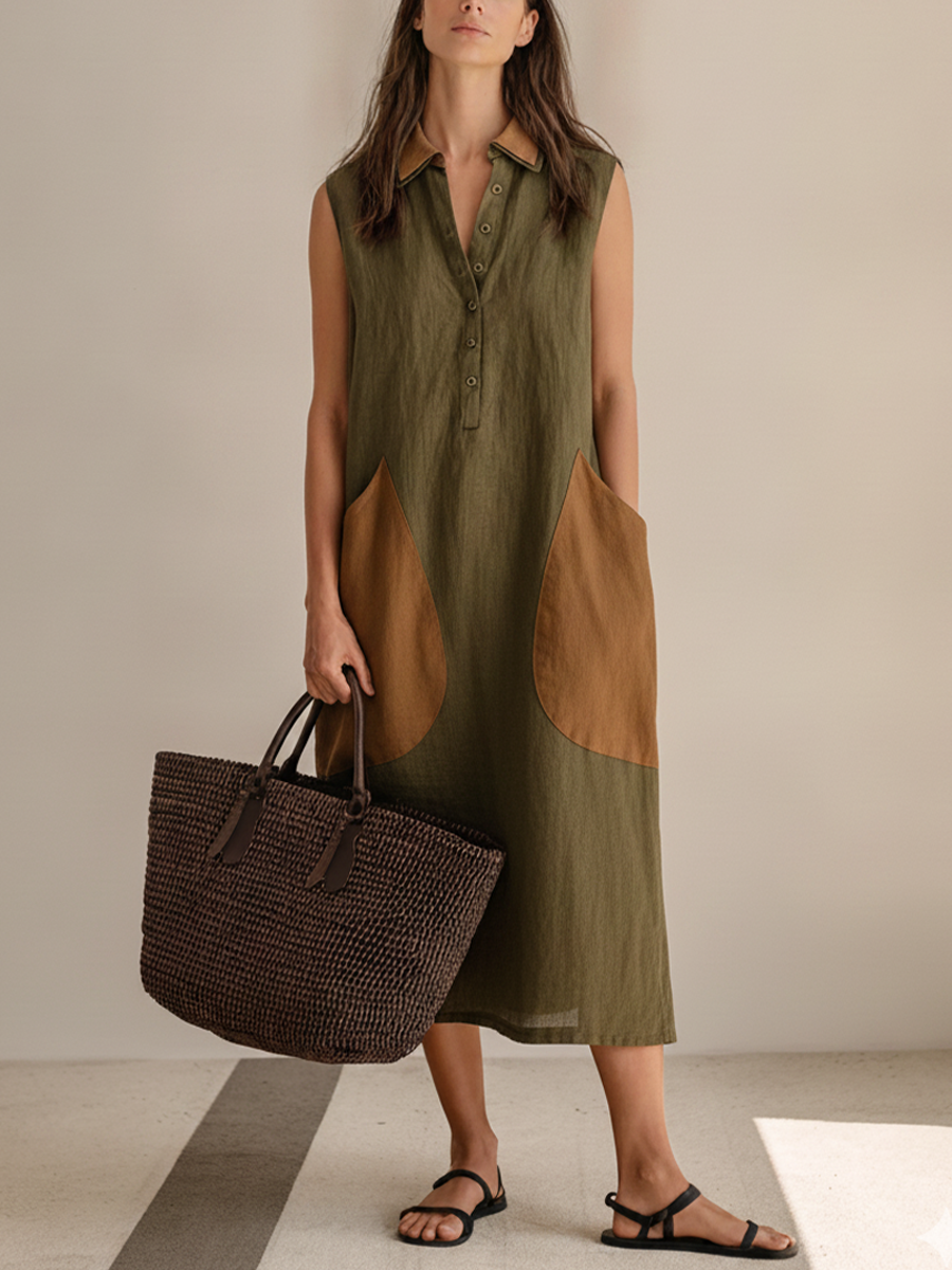 Women's Minimalist Commuter Style Army Green Linen Color Block Contrast Collar Sleeveless Half Placket Patch Pocket Midi Dress MDZ1022F5GMJ
