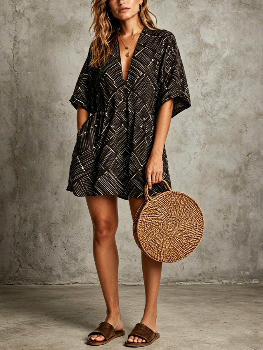 Women's Casual Vacation Style Black Cotton Blend Geometric Line Print Deep V Short Sleeve Elastic Waist Pocket Mini Dress MDZ1093F8GMJ