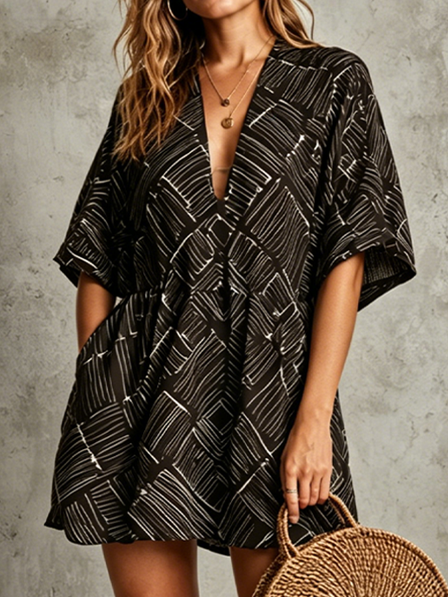 Women's Casual Vacation Style Black Cotton Blend Geometric Line Print Deep V Short Sleeve Elastic Waist Pocket Mini Dress MDZ1093F8GMJ
