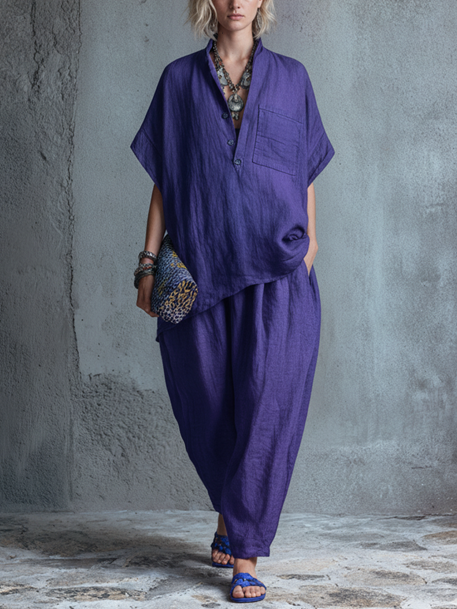 Women's Casual Style Deep Purple Linen Blend Loose Stand Collar Half Button Blouse And Lantern Pants Two-Piece Set MDZ1073F5GMJ