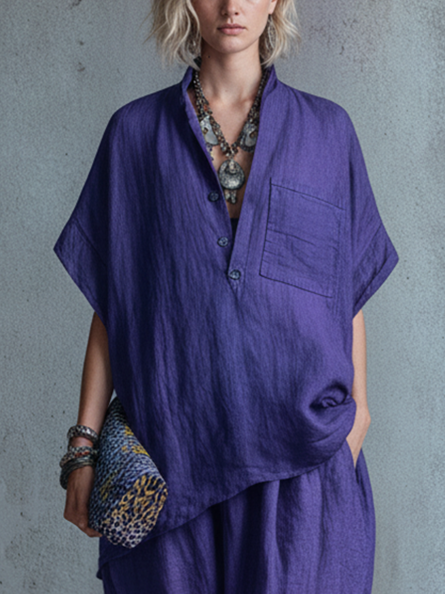 Women's Casual Style Deep Purple Linen Blend Loose Stand Collar Half Button Blouse And Lantern Pants Two-Piece Set MDZ1073F5GMJ