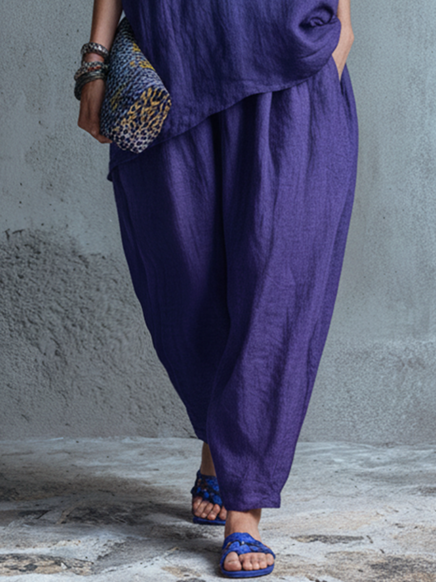 Women's Casual Style Deep Purple Linen Blend Loose Stand Collar Half Button Blouse And Lantern Pants Two-Piece Set MDZ1073F5GMJ