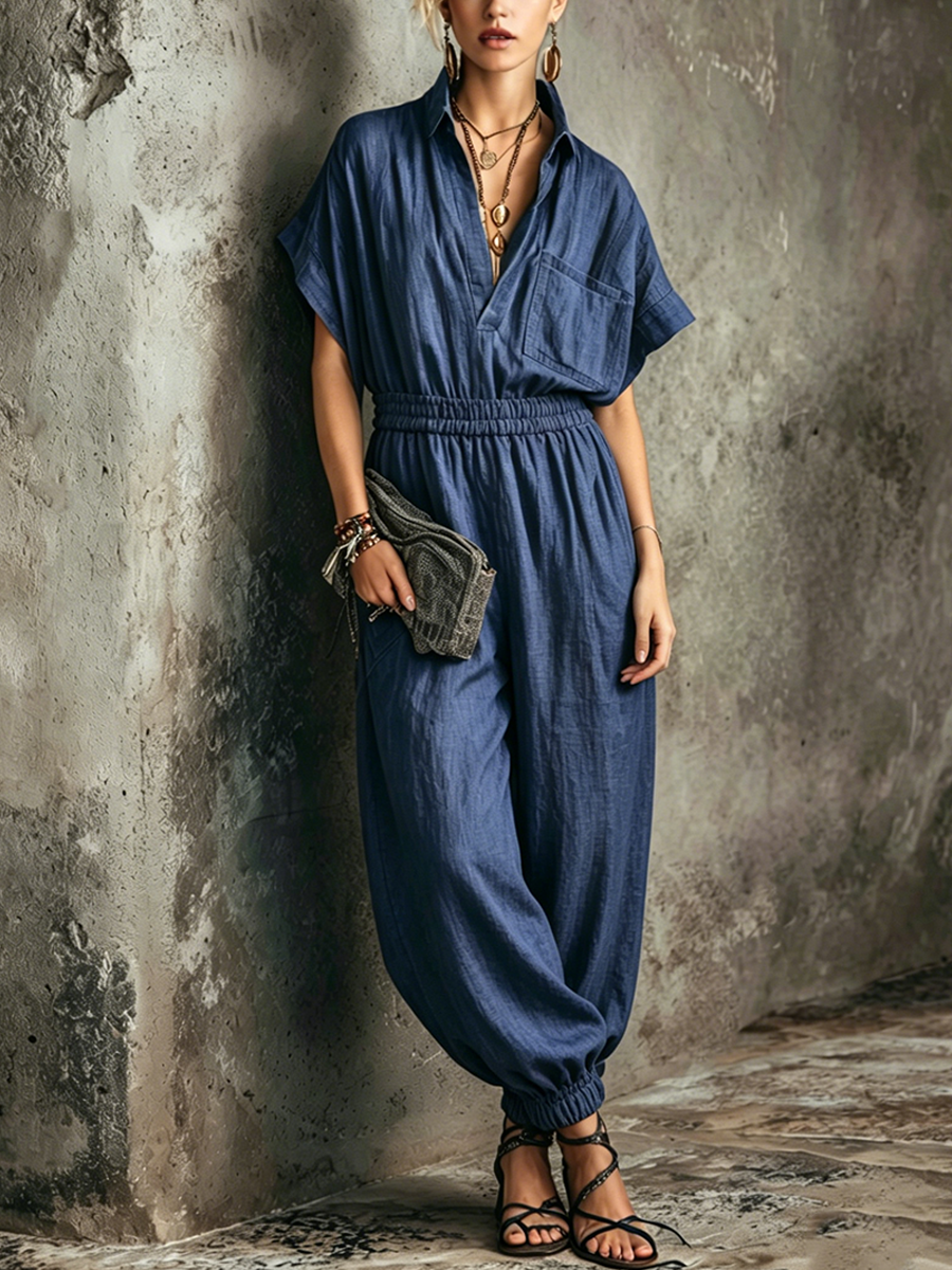 Women's Retro Casual Style Navy Blue Linen Blend Shirt Style Collar Half Placket Elastic Waist Cuffed Ankle Full Length Jumpsuit MDZ1018F8GMJ
