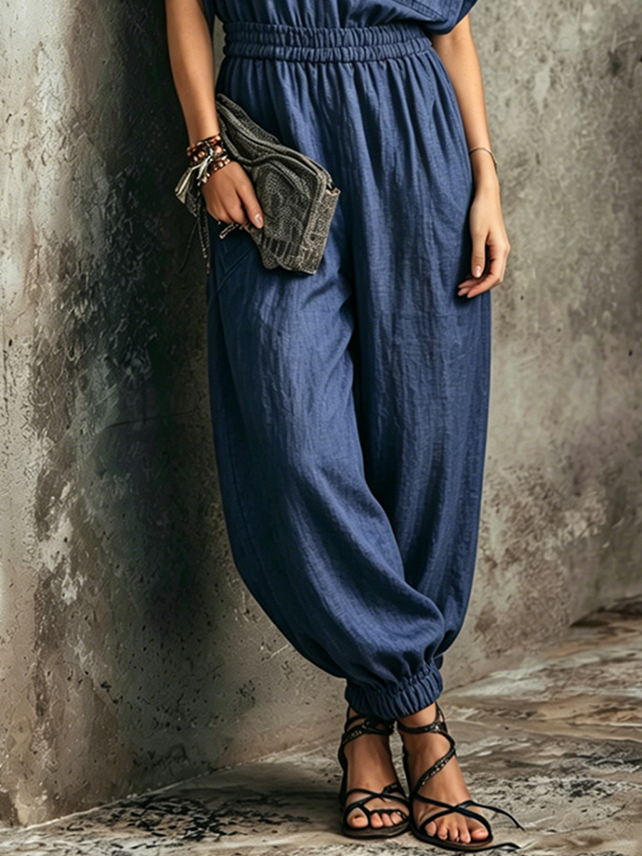 Women's Retro Casual Style Navy Blue Linen Blend Shirt Style Collar Half Placket Elastic Waist Cuffed Ankle Full Length Jumpsuit MDZ1018F8GMJ