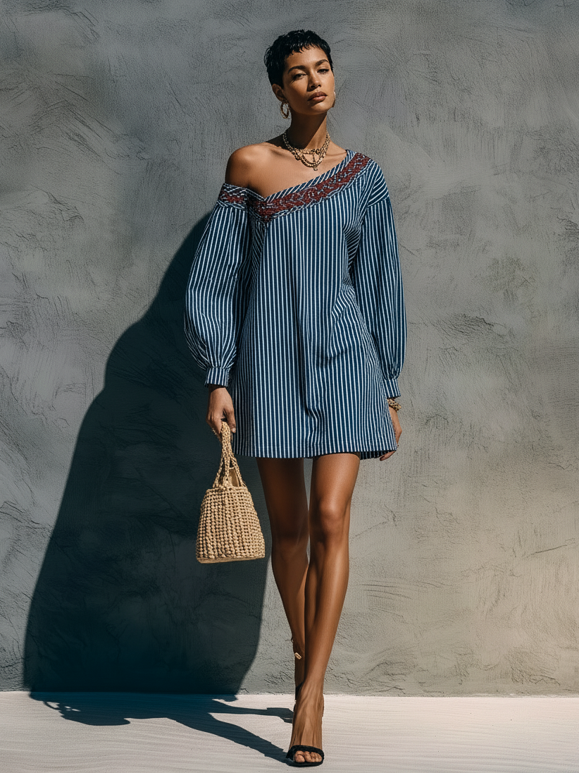 Women's Minimalist Striped One-Shoulder Long-Sleeve Embroidered Mini D – Modesees