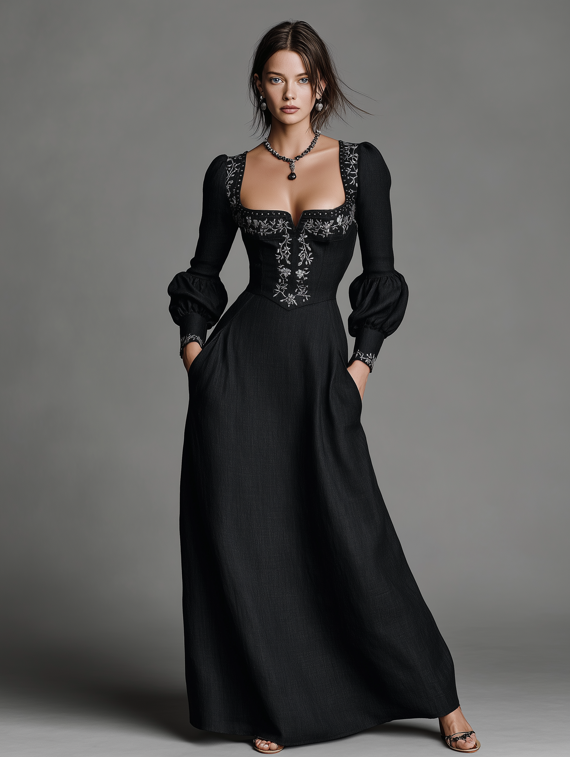 Women's Vintage Linen-Blend Embroidered Square-Neck Long-Sleeve Maxi Dress MDZ1178F0WY