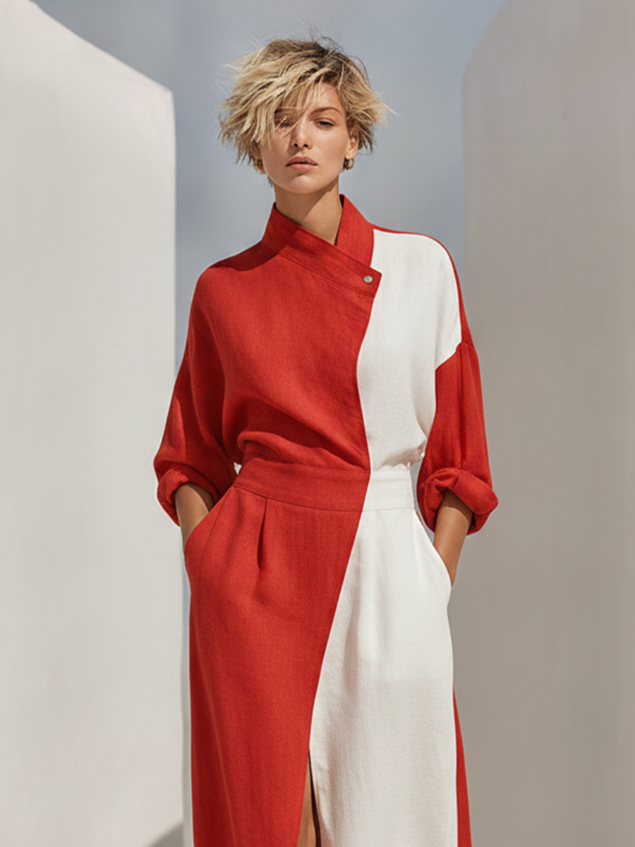 Women's Red & White Color-Block Linen Midi Dress With Asymmetric Wrap Collar & Waist-Cinched Skirt, Minimalist Elegant Casual Dress MDZ1162F6LYL
