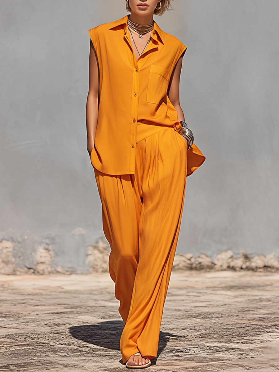 Women's Bright Orange Flowy Co-Ord With Collared Sleeveless Blouse & Elastic Waist Trousers, Modern Effortless-Chic Vacation Outfit MDZ1164F1LYL