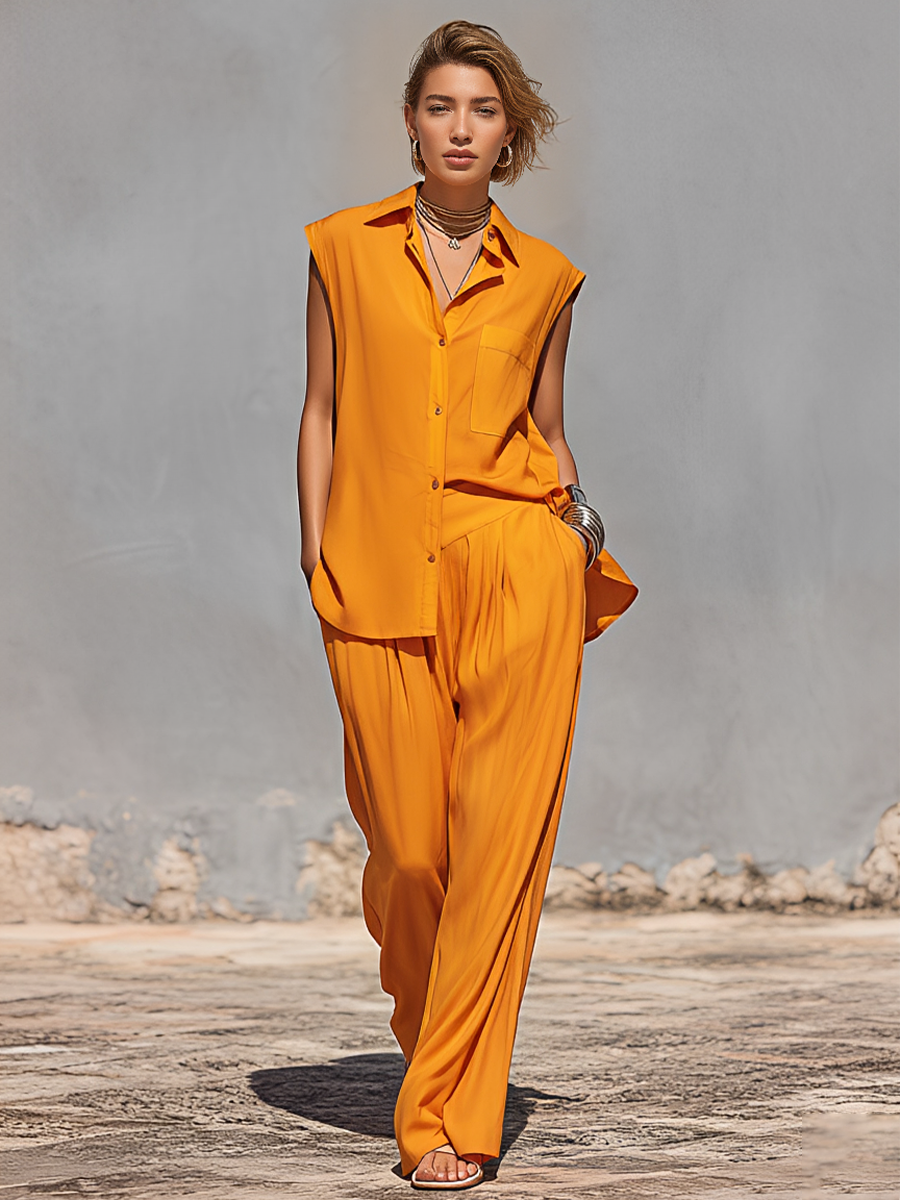 Women's Bright Orange Flowy Co-Ord With Collared Sleeveless Blouse & Elastic Waist Trousers, Modern Effortless-Chic Vacation Outfit MDZ1164F1LYL