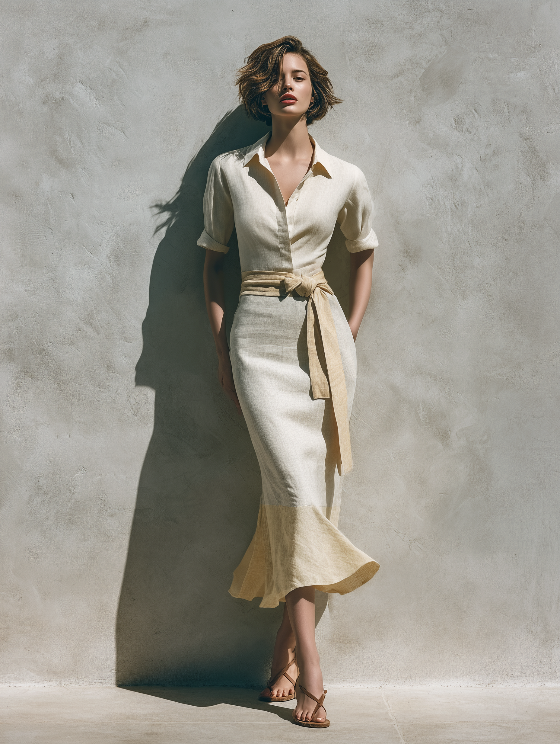 Women’s Linen-Blend Two-Tone Beige Button Down Midi Dress With Waist Tie & Flared Hem MDZ1147F9T