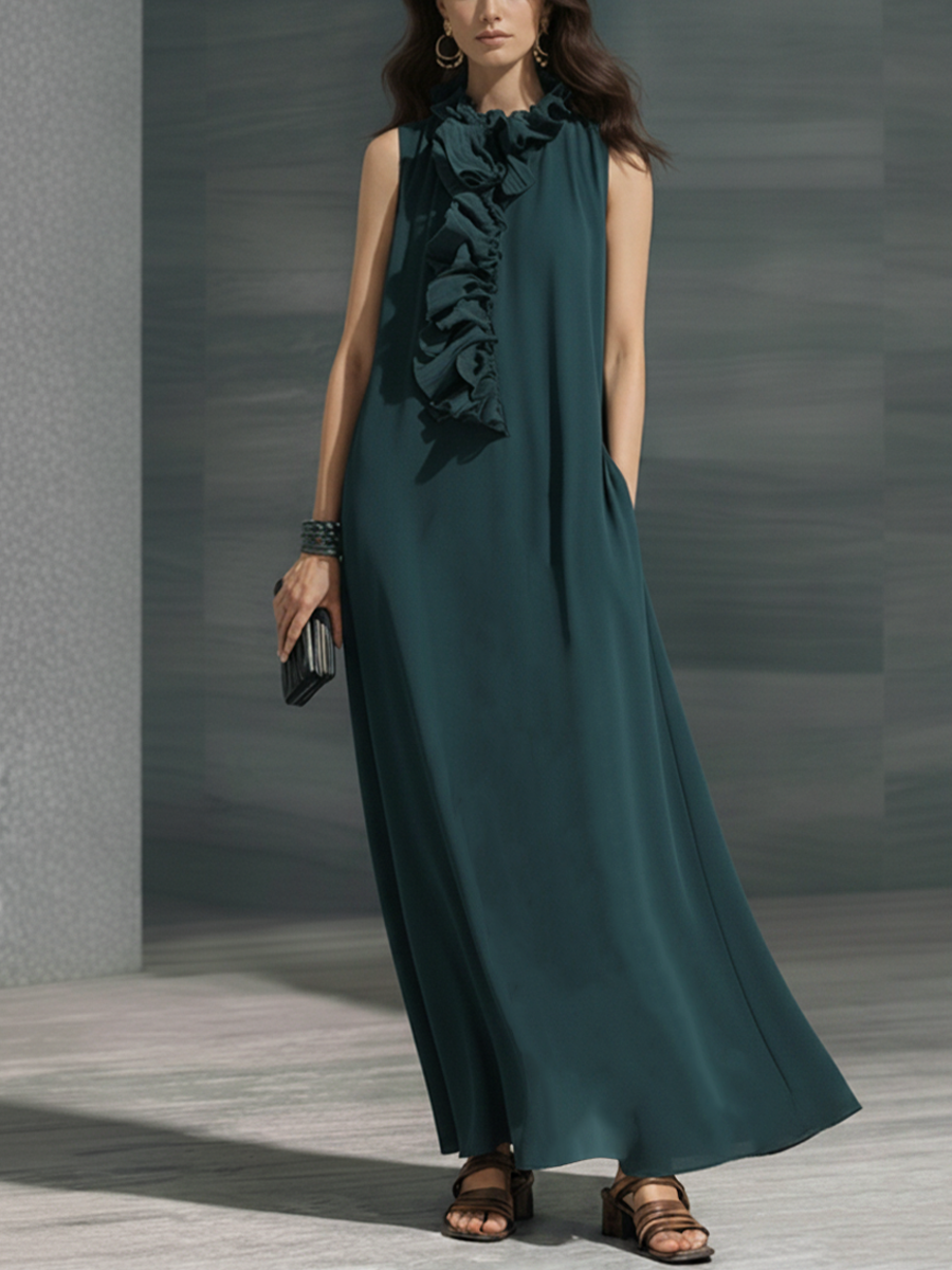 Women's Retro Elegant Dark Green Chiffon Ruffled Sleeveless Long Dress MDZ1142F4GMJ