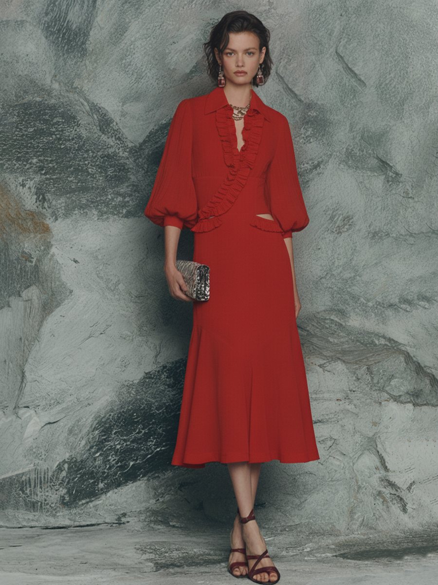Women's Retro Red Cotton Blend Ruffled Collar Hollowed-Out Puff Sleeve Fishtail Midi Dress MDZ1134F6GMJ