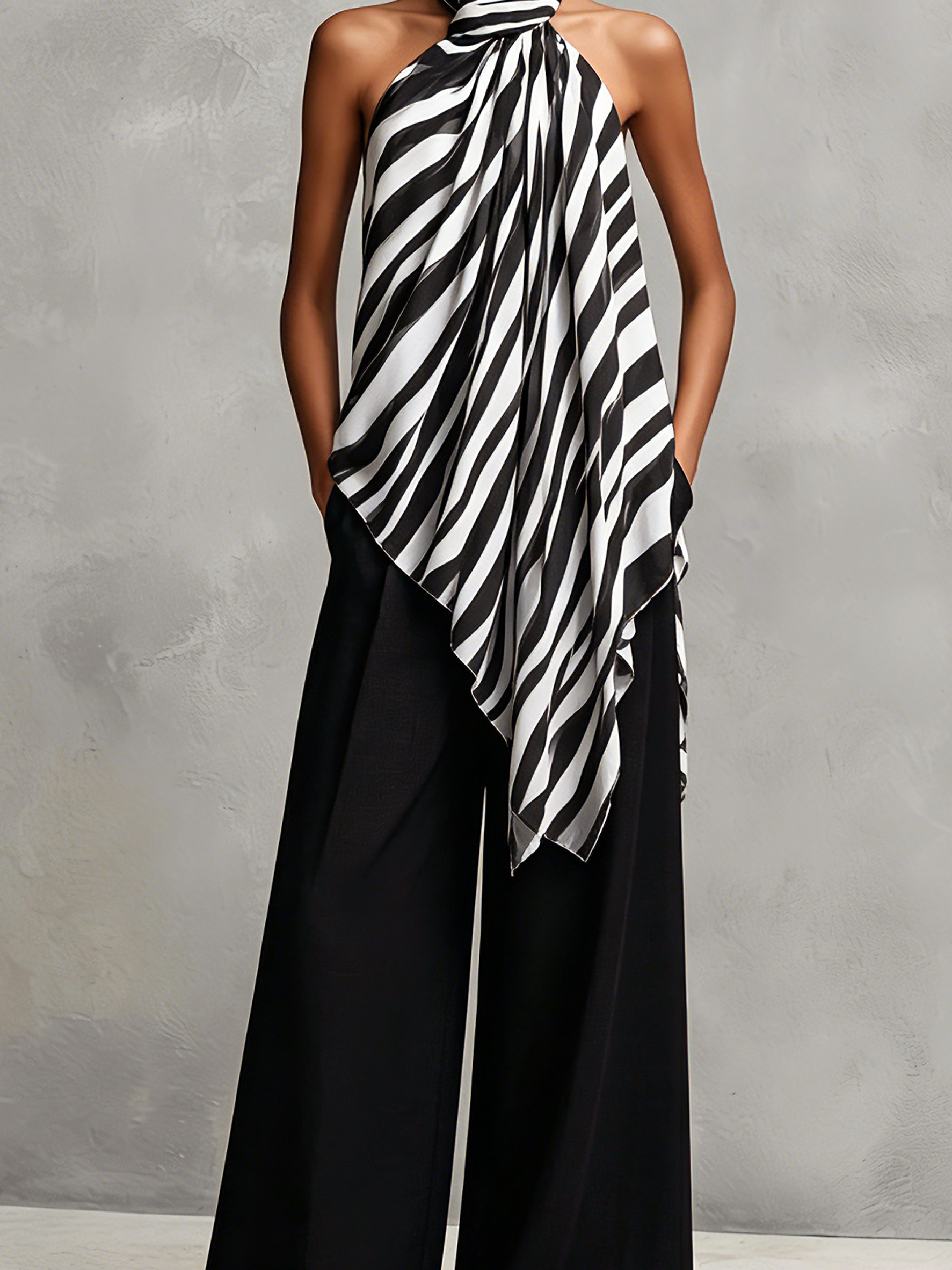 Women's Casual Sleeveless Chiffon Top With Black And White Print, Paired With Woven Trousers MDZ1282F9LXY