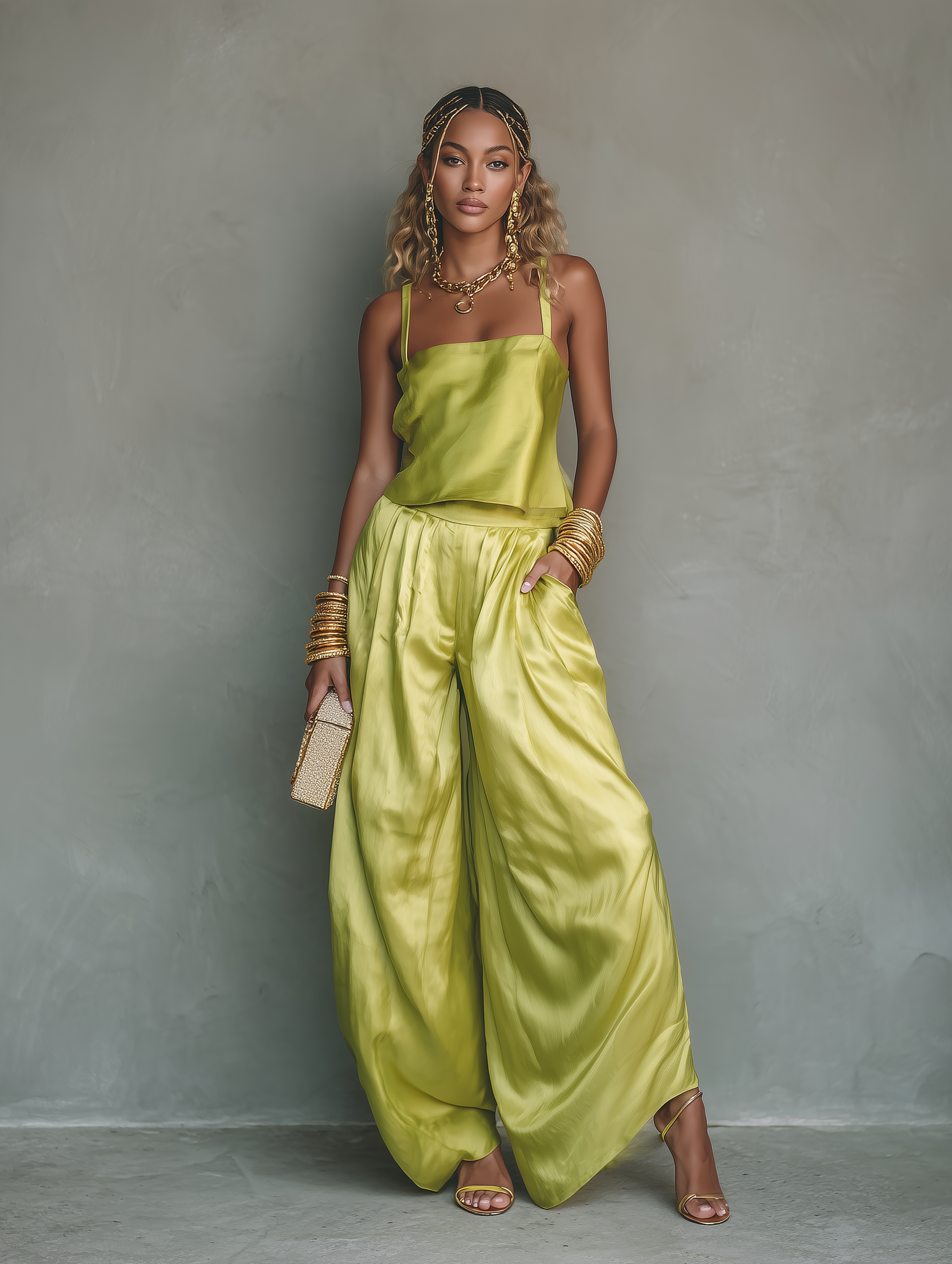 Women's Casual Light Green Satin Camisole And Trousers Set MDZ1203F9LXY
