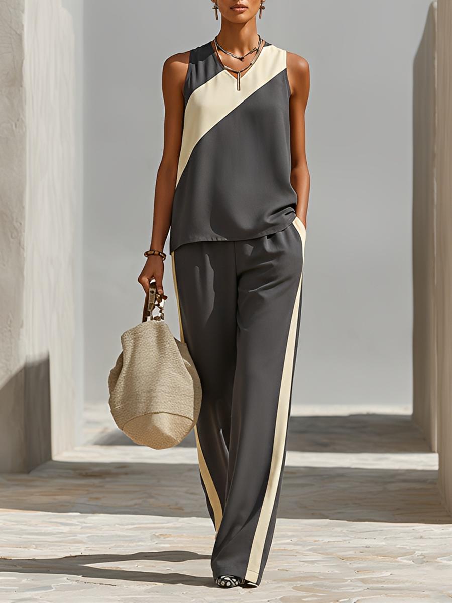 Women's Dark Grey & Yellow Sleeveless Co-Ord With V Neckline & Contrast Stripe Trousers, Modern Effortless-Chic Smart Casual Outfit MDZ1291F5LYL