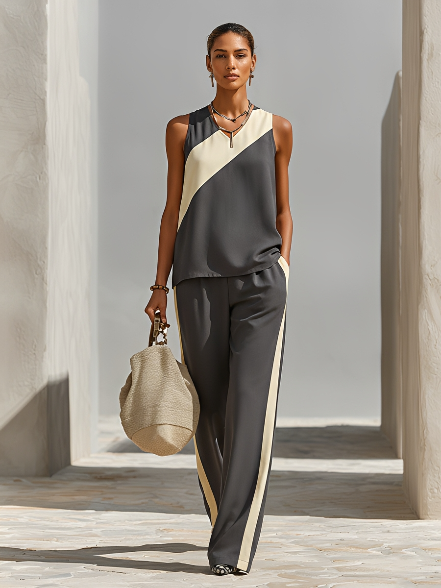 Women's Dark Grey & Yellow Sleeveless Co-Ord With V Neckline & Contrast Stripe Trousers, Modern Effortless-Chic Smart Casual Outfit MDZ1291F5LYL