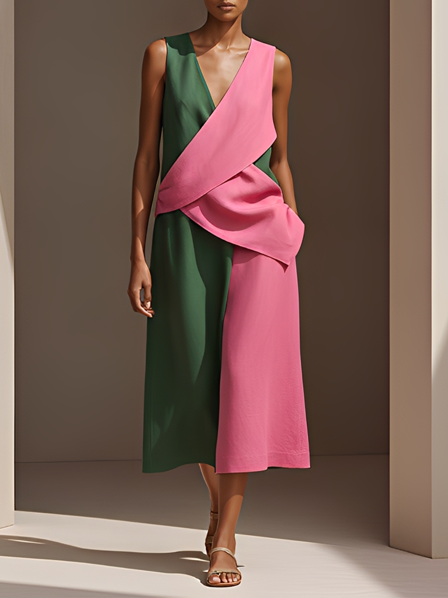 Women's Vibrant Pink & Green Matching Outfit With Diagonal Wrap Top & High Waist Wide Leg Pants, Contemporary Versatile Everyday Set MDZ1296F3LYL