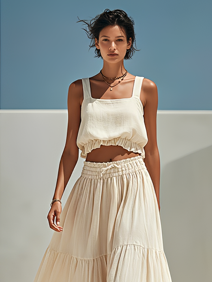 Women's Beige Linen-Blend Two-Piece Set With Square Neck Crop Tank Top & Tiered Maxi Skirt, Casual Summer Resort Outfit MDZ1238F1LYL