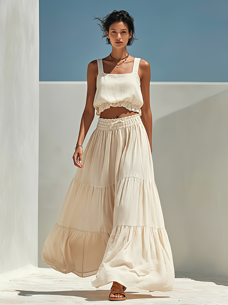 Women's Beige Linen-Blend Two-Piece Set With Square Neck Crop Tank Top & Tiered Maxi Skirt, Casual Summer Resort Outfit MDZ1238F1LYL