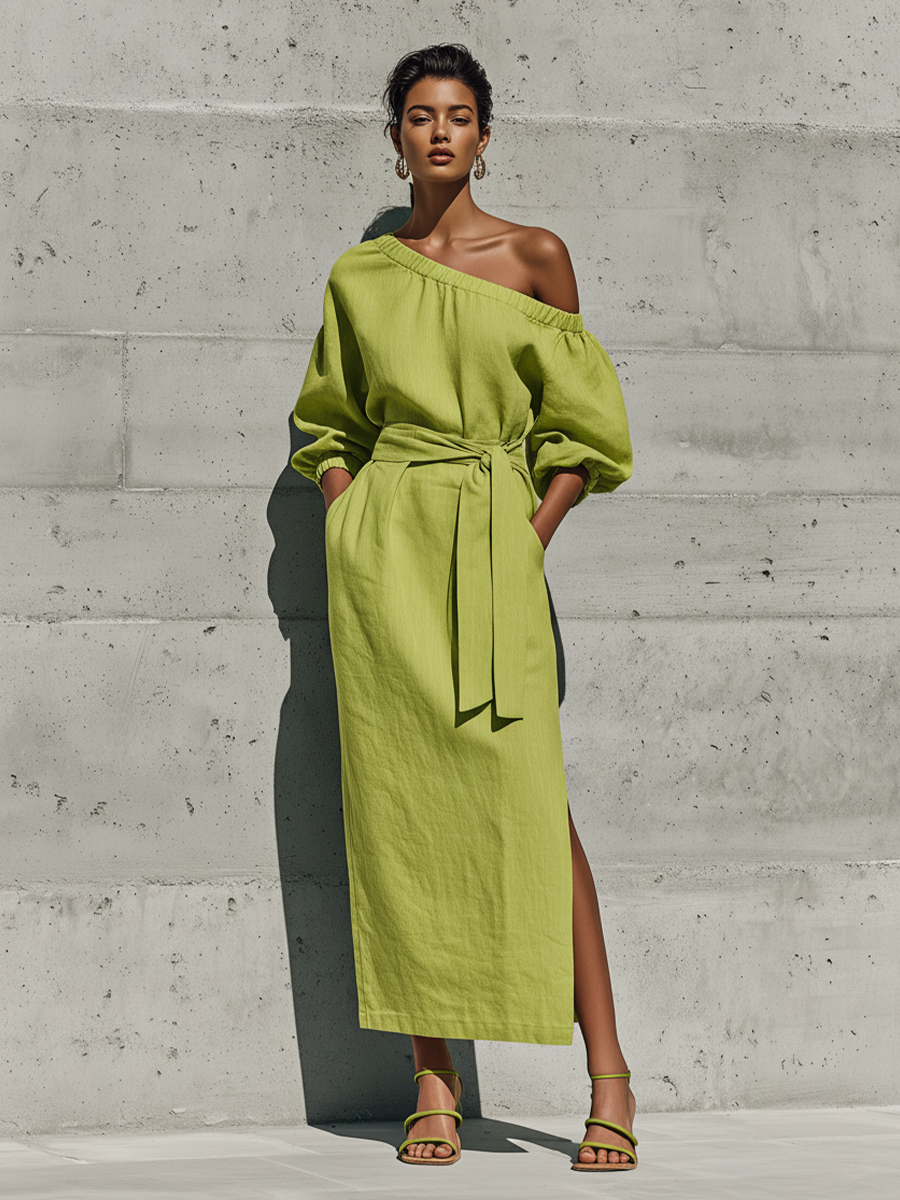 Women's Lime Green Linen-Blend Off-The-Shoulder Puff Sleeve Tie Waist – Modesees