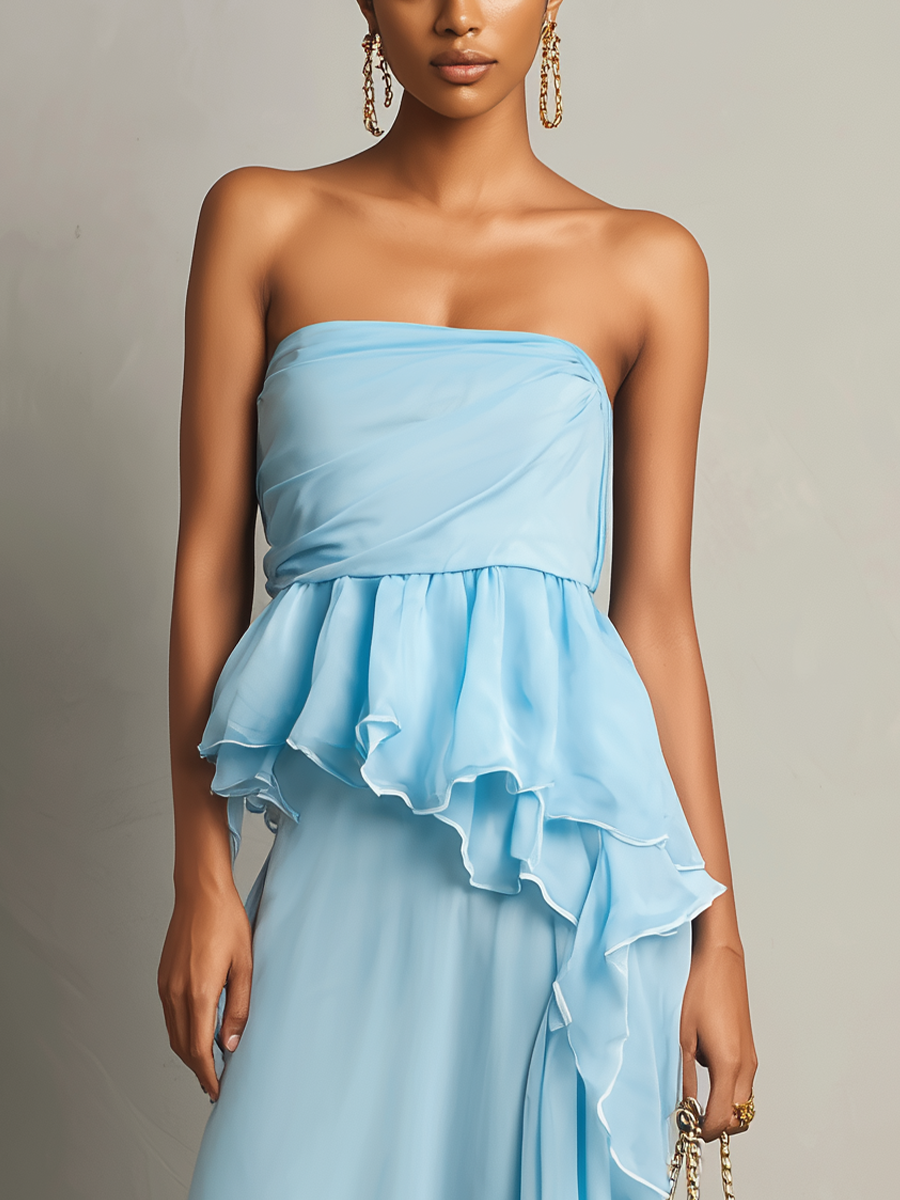 Women’s Light Blue Strapless Draped Chiffon Maxi Dress With Tiered Ruffle Peplum Detail MDZ1281F2T