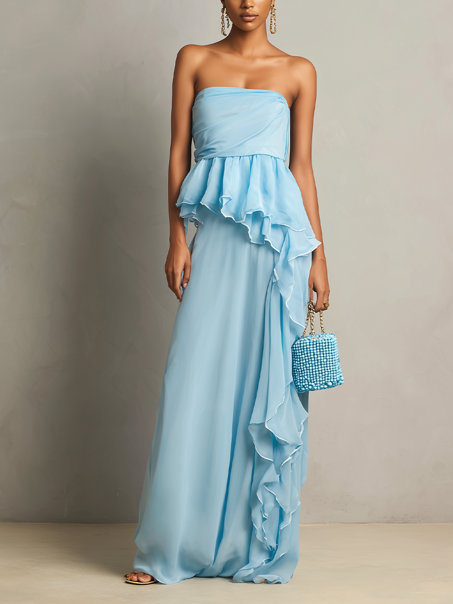 Women’s Light Blue Strapless Draped Chiffon Maxi Dress With Tiered Ruffle Peplum Detail MDZ1281F2T