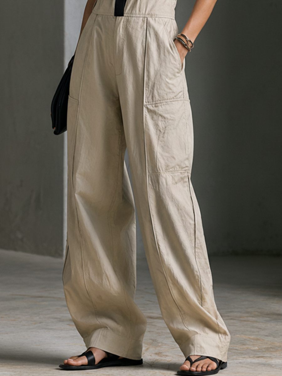 Women’s Casual Style Khaki Cotton Blend Contrast Piping V-Neck Patch Pocket Sleeveless Wide Leg Jumpsuit MDZ1210F5GMJ