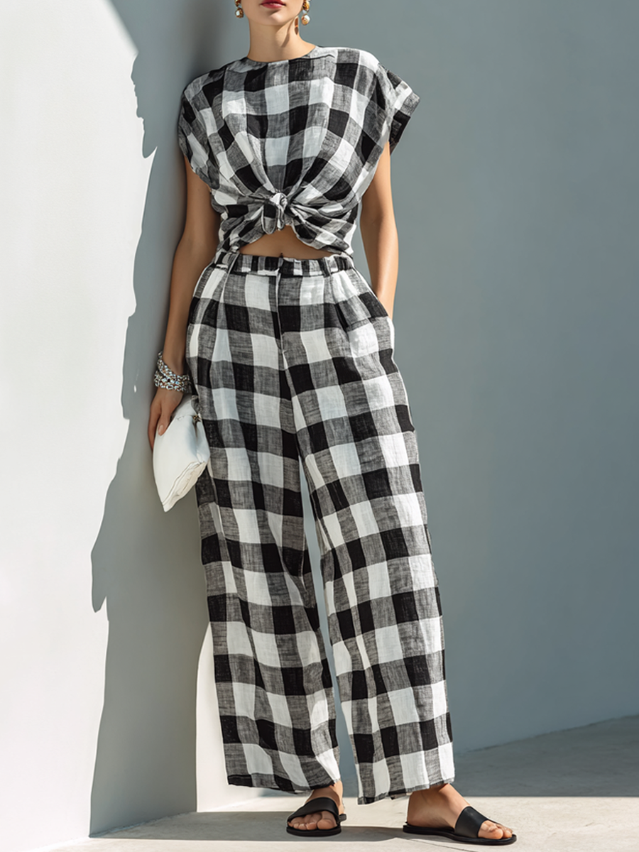 Women's Black & White Check Linen Knot-Front Top And Wide-Leg Pants Set MDZ1501F8ZRK