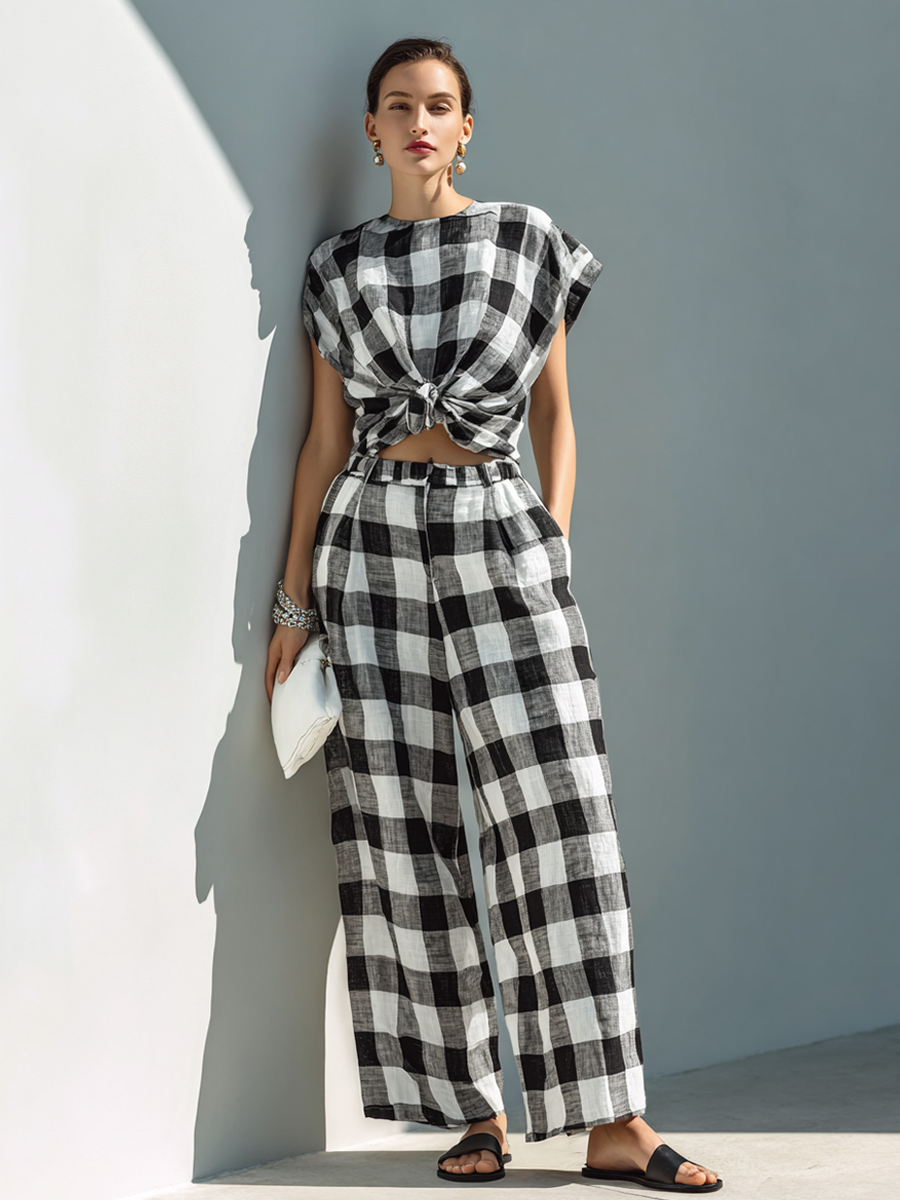 Women's Black & White Check Linen Knot-Front Top And Wide-Leg Pants Set MDZ1501F8ZRK